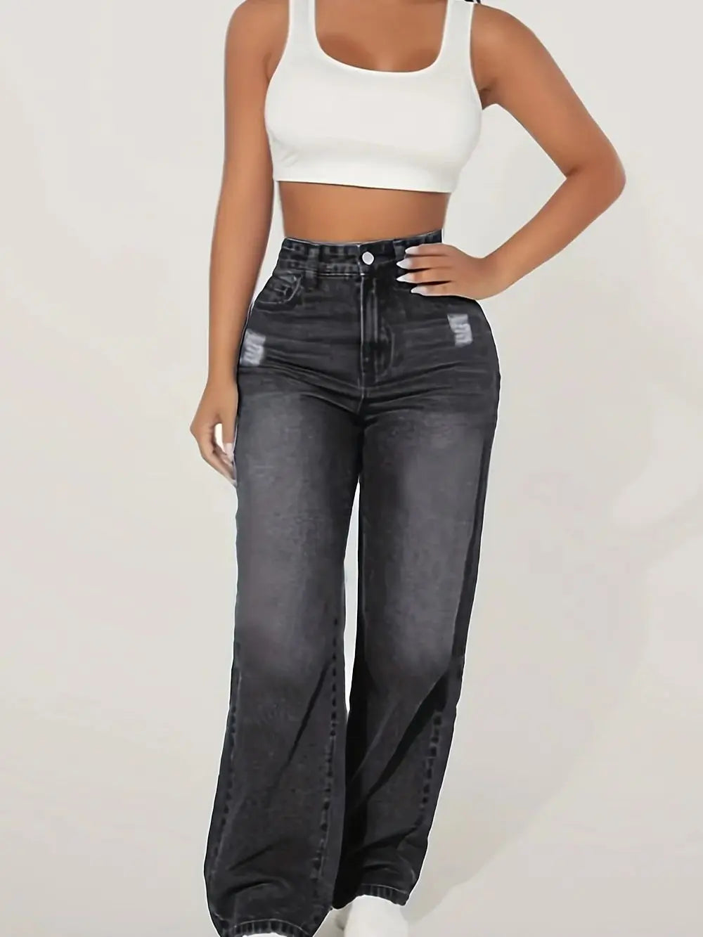 Loose Fit Elastic Fashionable Wide Leg Jeans, Blue Distressed Loose Wide Leg Jeans
