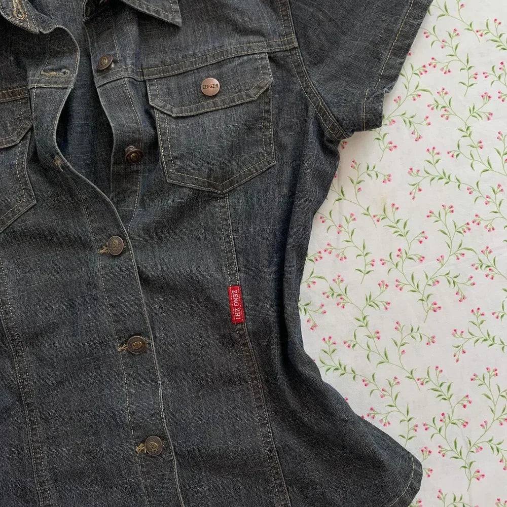 American Harajuku Retro Wash Fashionable Sexy Denim Short-sleeved 2025 New Street Fashion Brand Casual Slim-fit Women Shirt