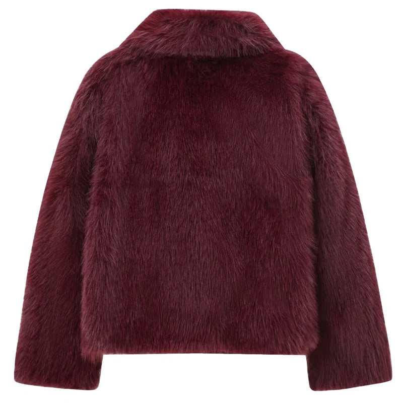 HXAO Women's Fur Coat Women 2025 Plush Burgundy Bomber Jacket Solid Crop Long Sleeve Jacket Warm Winter Coats Woman Casual Coats