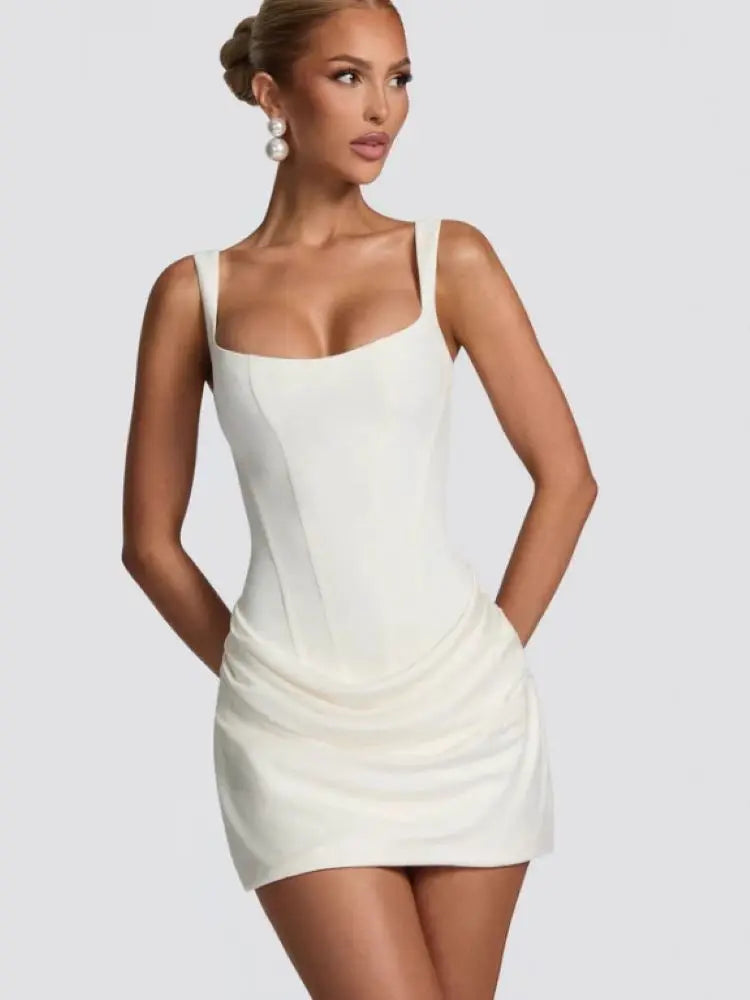 Elegant Brown Short Ruched Dress For Women Sexy Strapless Corset Curvy Bandage Mini Dresses Summer Formal Evening Party White