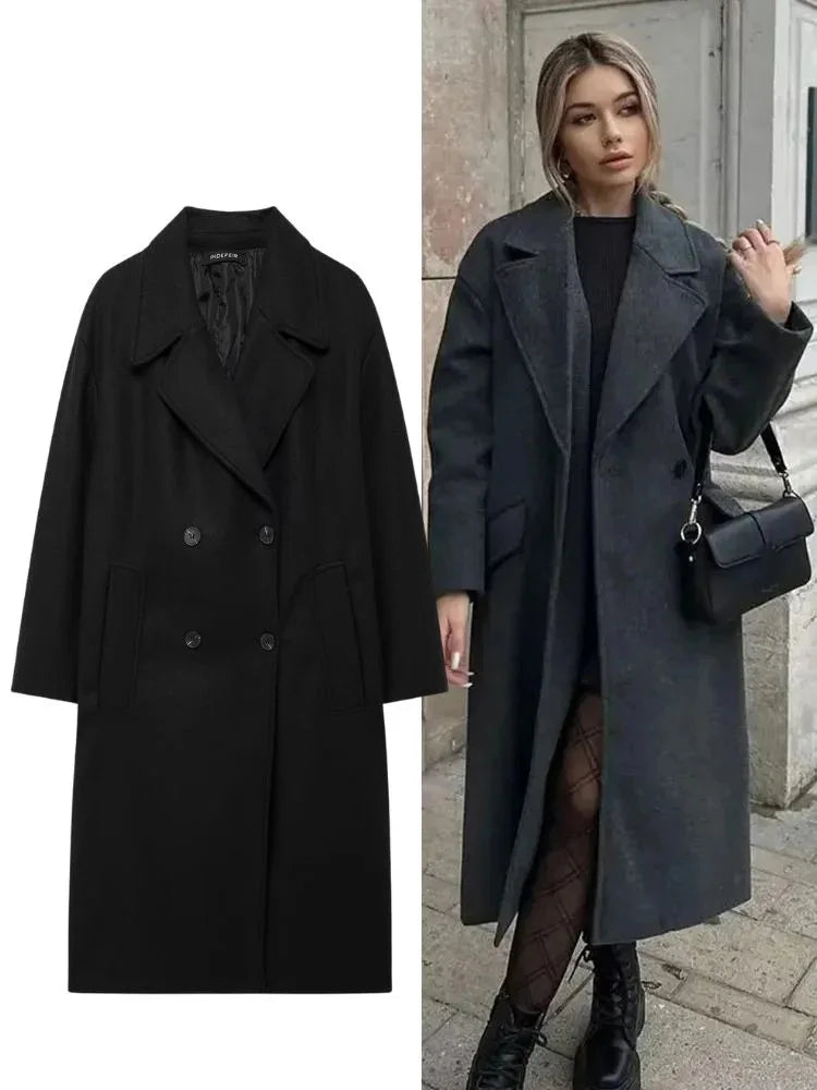 HH 2025 Vintage Women's Warm Thick Woolen Coat Solid Lapel Double Breasted Long Cardigan Female Pokcet Jacket Streetwear