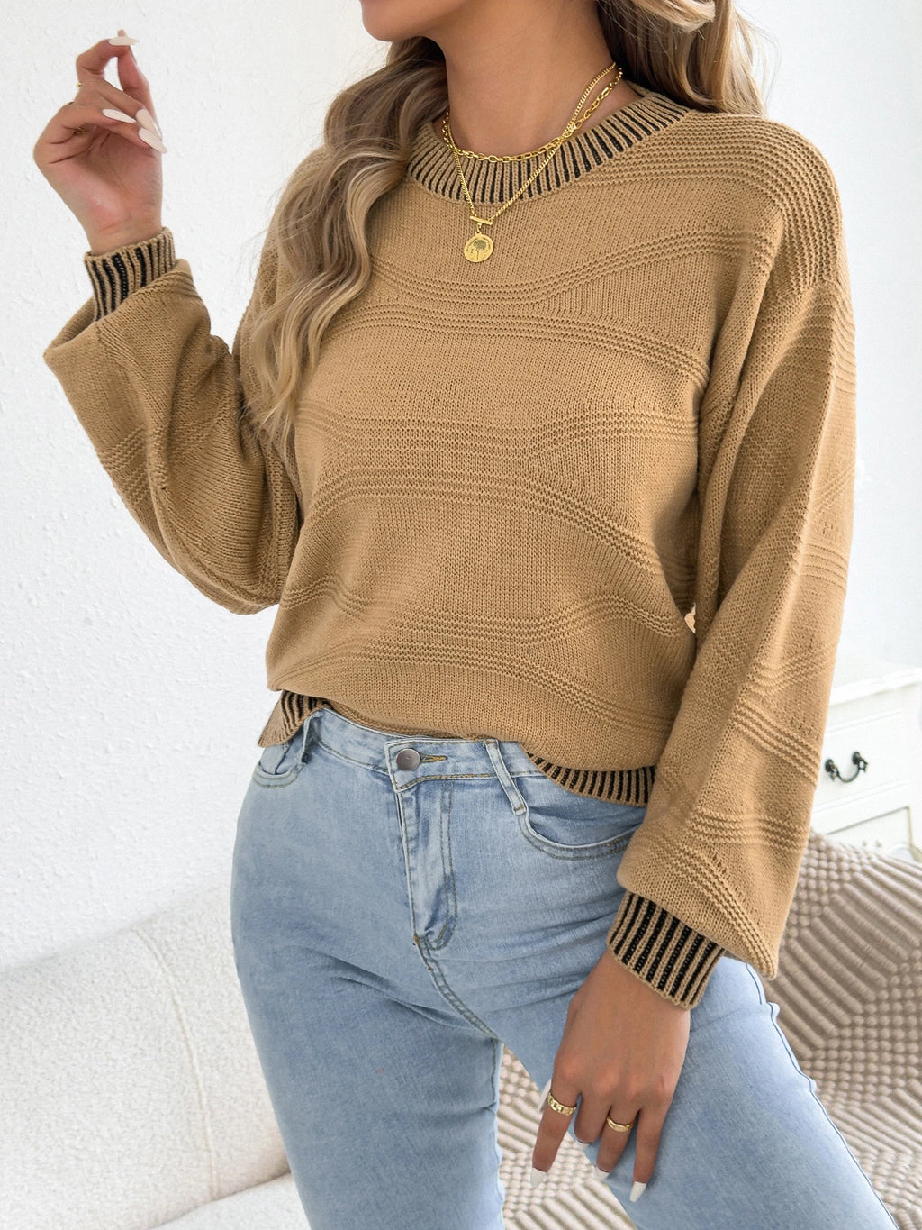 Women Striped Round Neck Pullover Sweater Long Sleeve Fall Winter Vacation Ready Knit Tops