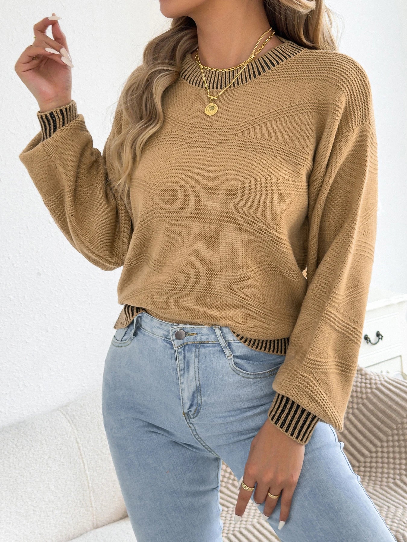 Women Striped Round Neck Pullover Sweater Long Sleeve Fall Winter Vacation Ready Knit Tops