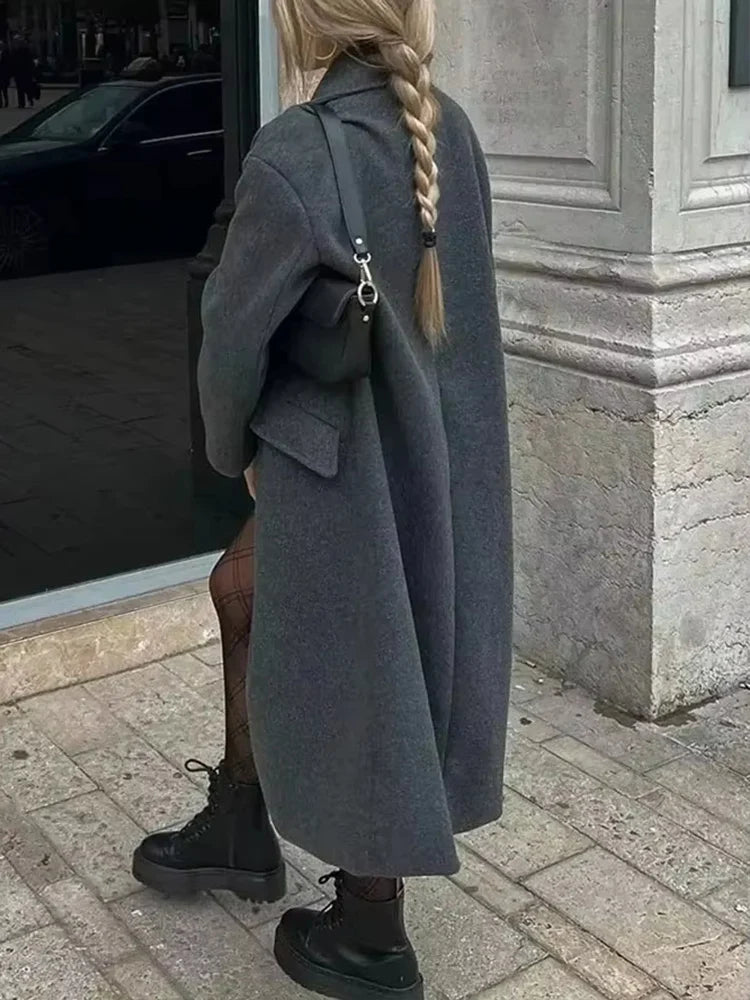 HH 2025 Vintage Women's Warm Thick Woolen Coat Solid Lapel Double Breasted Long Cardigan Female Pokcet Jacket Streetwear