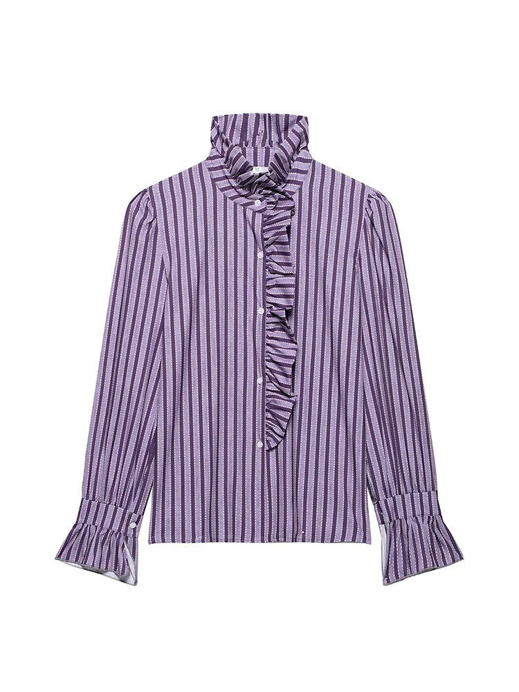 Yaphleet Women Elegant Ruffles Loose Purple Shirts 2025 Fashion Ladies Casual Blouses for Festival Female Chic Tops Clothes