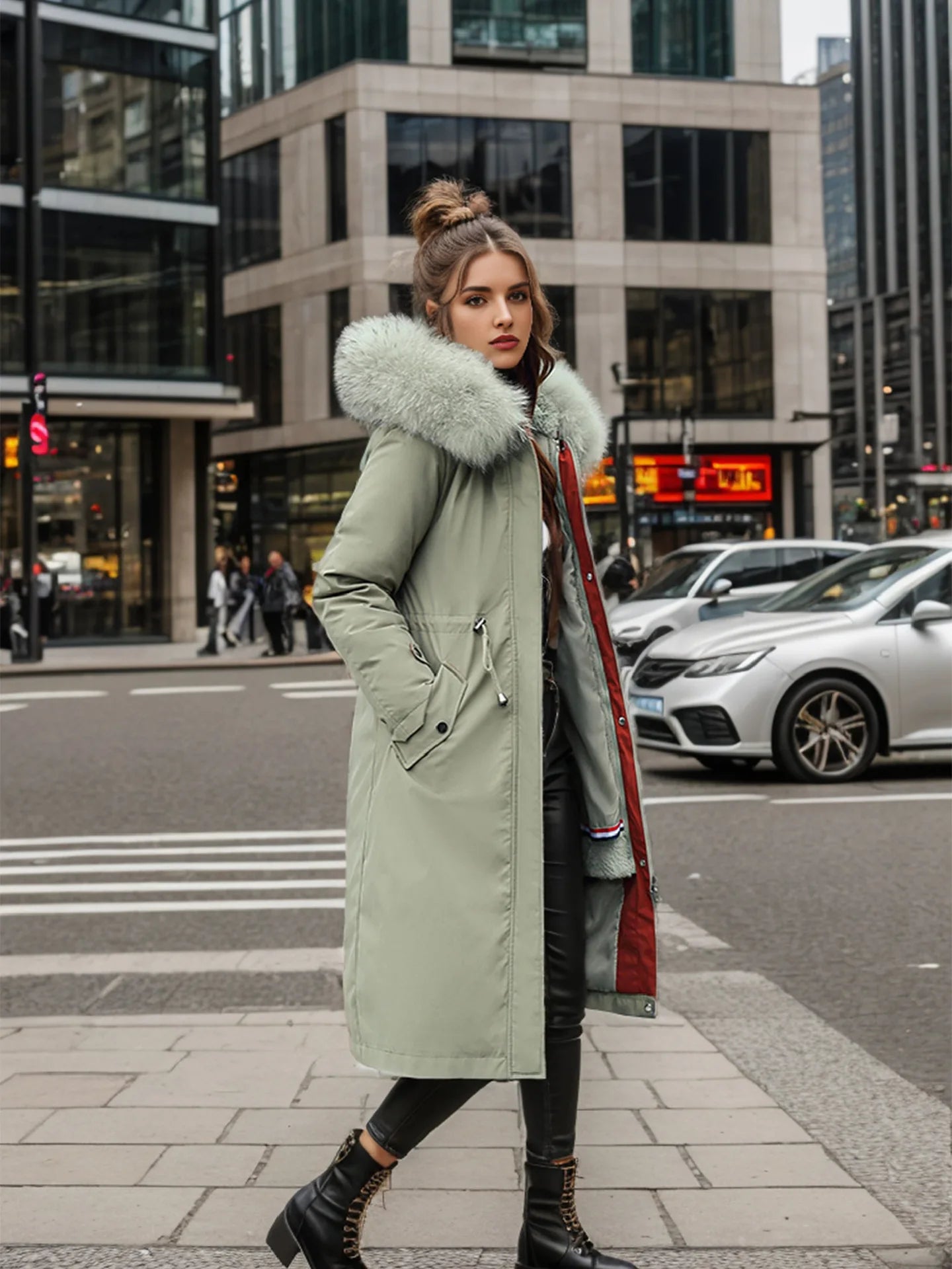 Lady's Winter Parka Coat Solid Color Detachable Faux Fur Trim Slim Fit Female's Padded Coat Thermal Longline Coat For Women
