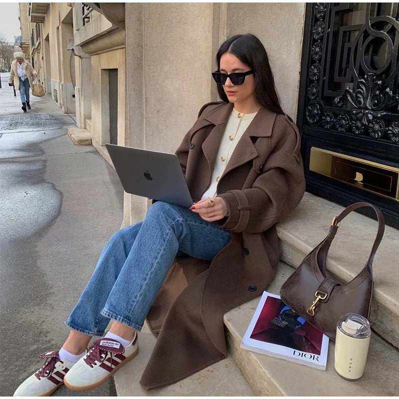 Belts Double Breasted Women's OverCoat Elegant Laple Pocket Full Sleeve Female Coat 2025 Autumn Winter Fashion New Lady Outwears