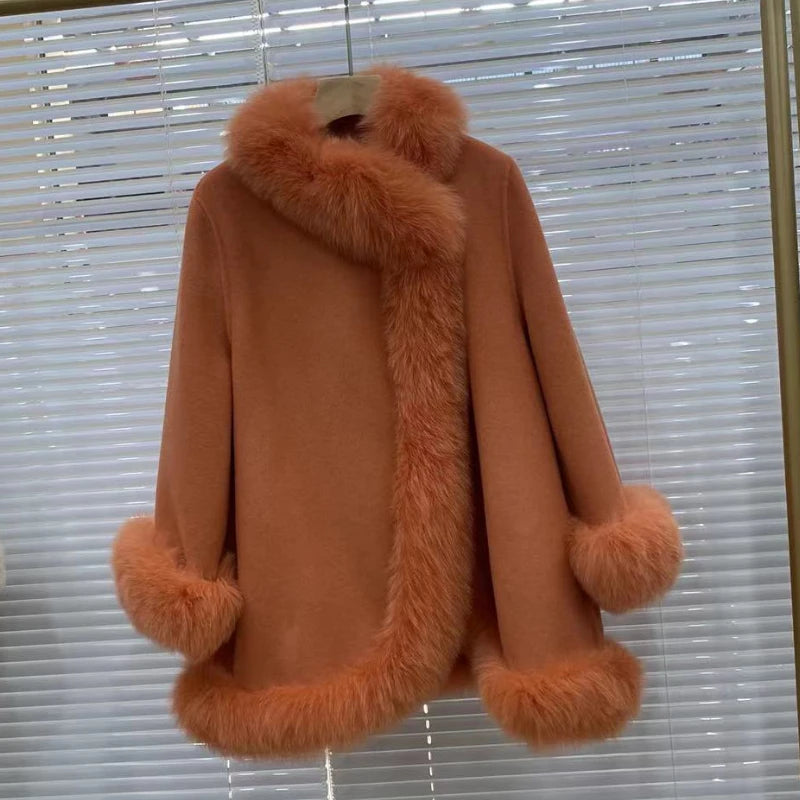 2025 Real Fur Coat Winter Jacket Women Natural Fox Fur Collar Warm Cashmere Wool Woolen Ladies Outerwear Streetwear Fashion