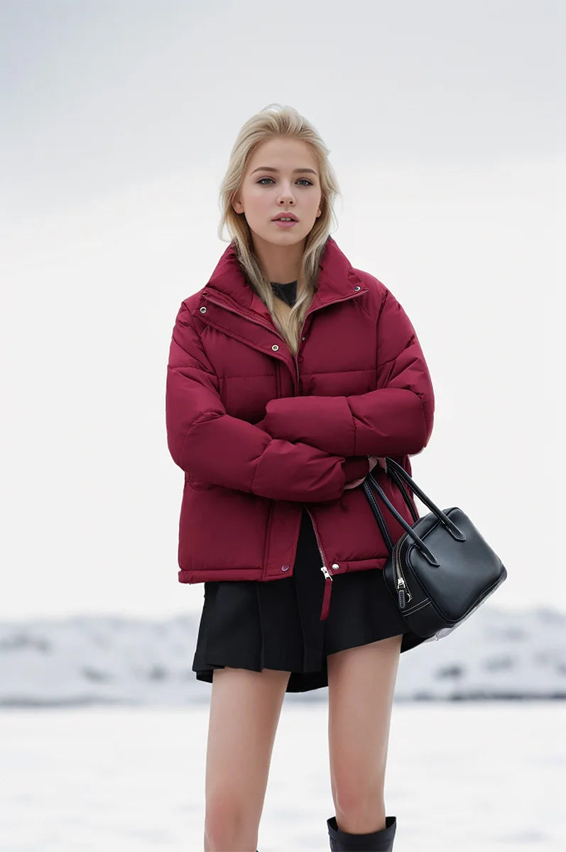 Women's Winter Puffer Coat Stand Collar Zipper Fly Pockets Loose Fit Quilted Coat For Female Thickened Lady's Thermal Coat