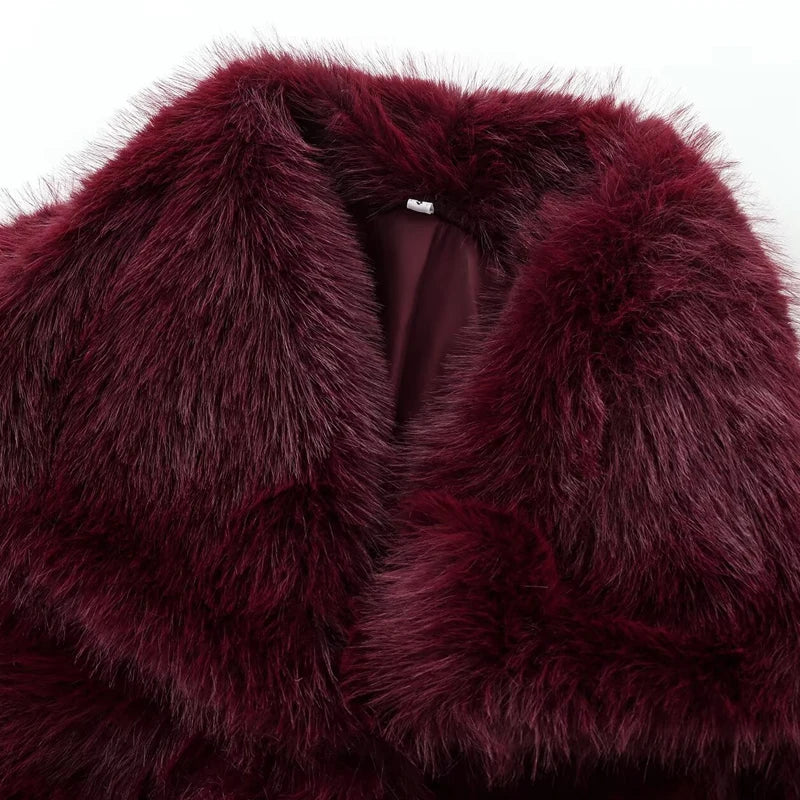 HXAO Women's Fur Coat Women 2025 Plush Burgundy Bomber Jacket Solid Crop Long Sleeve Jacket Warm Winter Coats Woman Casual Coats