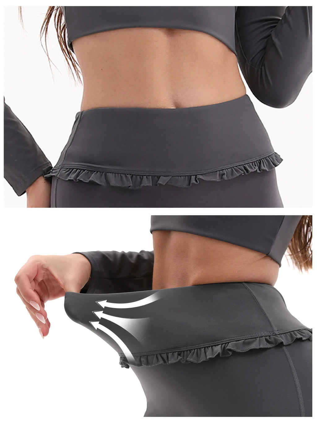 2-Piece Frill Yoga Set Women High Waist Tummy Control Flared Pants Long Sleeve Top Activewear Gym Running Classic Dark Grey