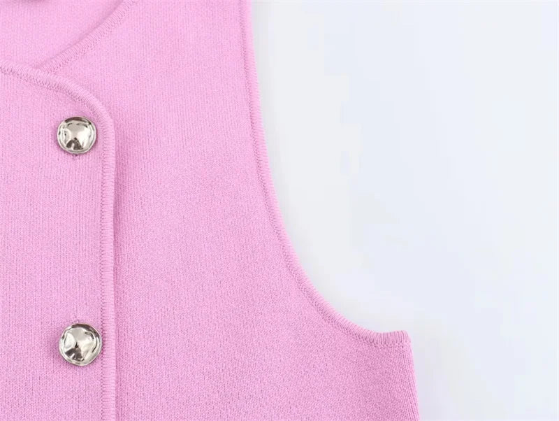 MUJER Knit Sleeveless Vest Woman Fashion Pink Knitted Cropped Vest Women Double Breasted Summer Vest Top Women New In Short Coat