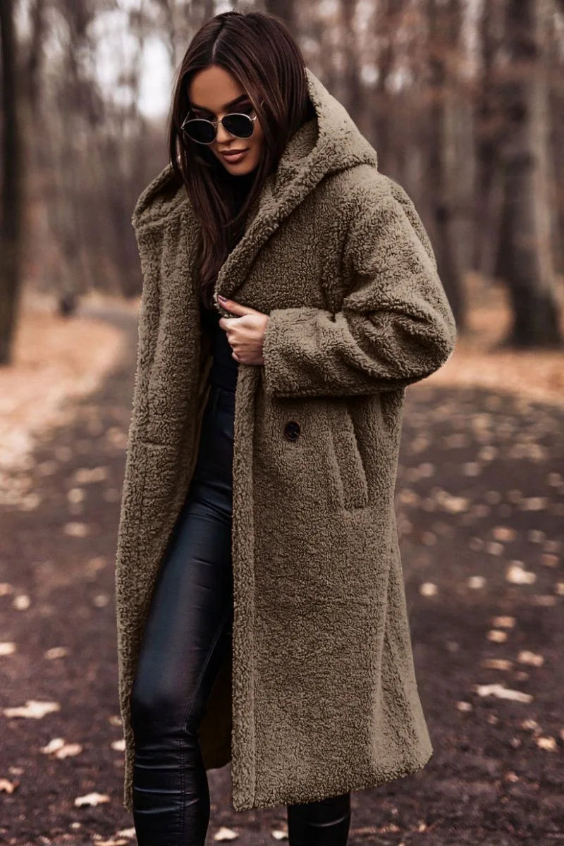 Keep Warm Plush Woolen Coat Women Solid Color Thicken Single Breasted Long Hooded Coats Autumn Winter Female Clothing Streetwear