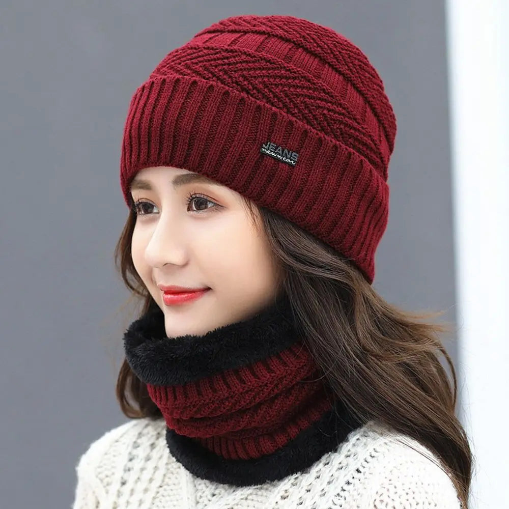 Men Women Winter Beanie Hat Scarf Casual Thermal Fleece Knitted Hat Soft Warm Balaclava Wool Neck Warmer Scarf Cap