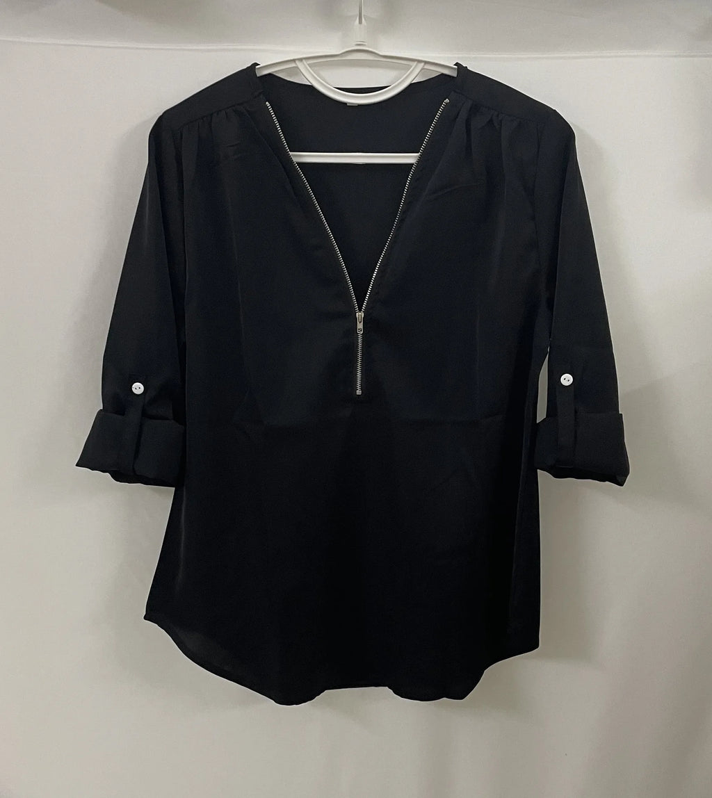 Summer Women Cool Loose Shirt Deep V Neck Chiffon Blouse Casual Ladies Tops Sexy Zipper Pullover Plus Size Long Sleeve Fashion