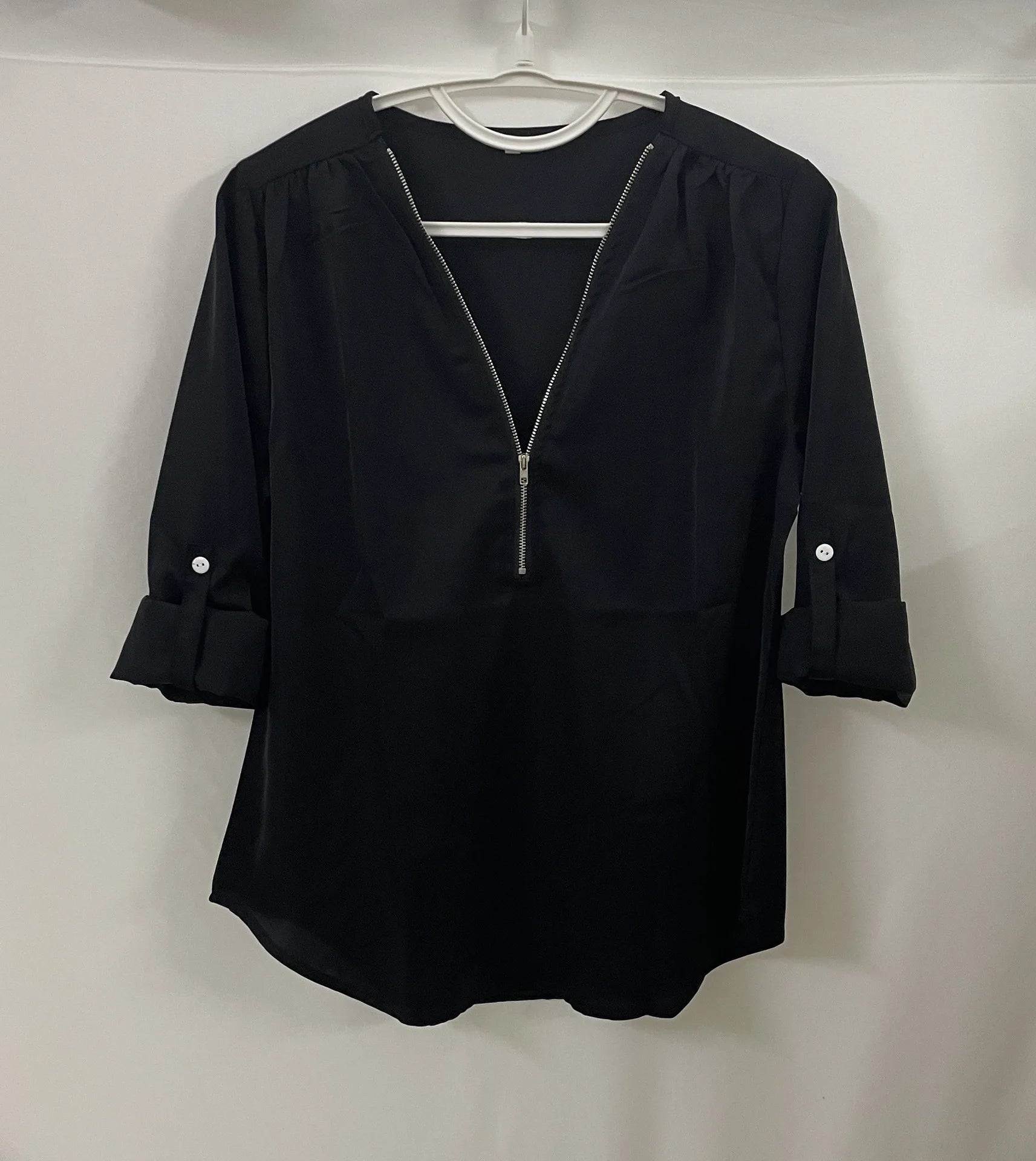 Summer Women Cool Loose Shirt Deep V Neck Chiffon Blouse Casual Ladies Tops Sexy Zipper Pullover Plus Size Long Sleeve Fashion