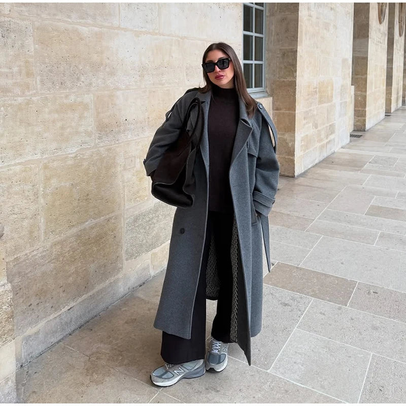 Belts Double Breasted Women's OverCoat Elegant Laple Pocket Full Sleeve Female Coat 2025 Autumn Winter Fashion New Lady Outwears