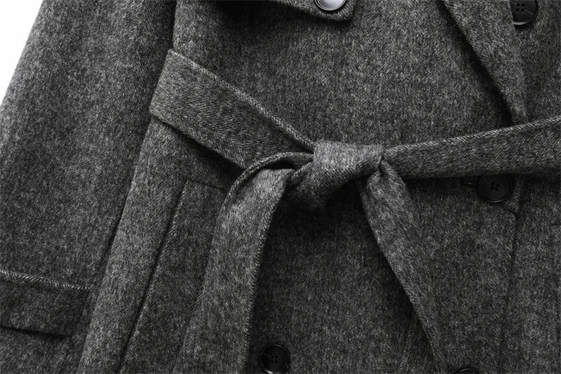 2025 new women's wool blend lapel with belt double breasted woolen coat coat women's trench coat