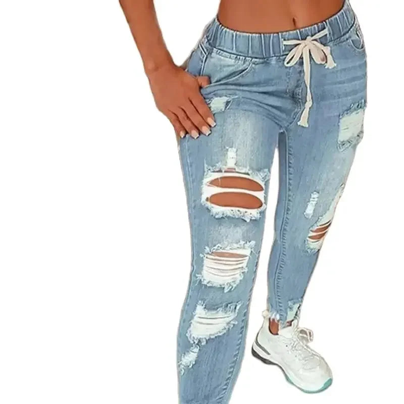 Fashion Vintage Blue Ripped Jeans Women Elastic Waist Drawstring Pencil Denim Jeans Office Lady Holes High Waist Trousers