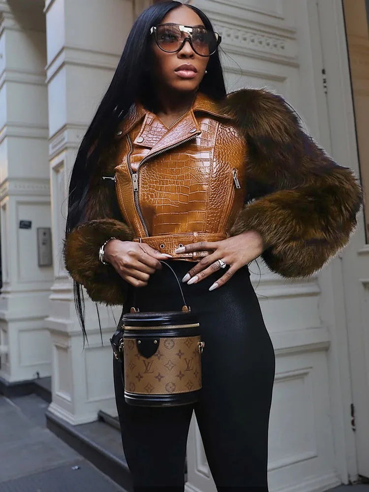 MCDV Winter Fur Patchwork Leather Jacket for Woman Fashion Lapel Zipper Belt Motorcycle Pu Jacket Female High Streetwear Outwear