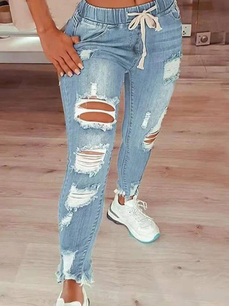 Fashion Vintage Blue Ripped Jeans Women Elastic Waist Drawstring Pencil Denim Jeans Office Lady Holes High Waist Trousers