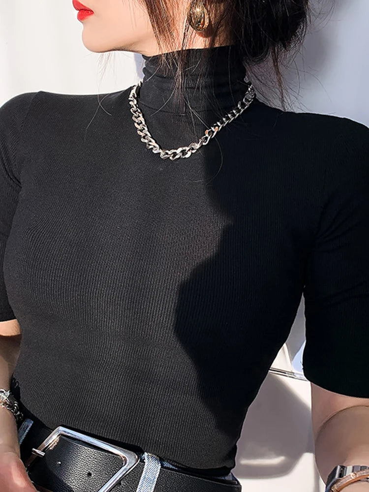 Basic  T Shirt Women Turtleneck Slim Tshirt Short Sleeve T-shirts Female Casual Elasticity White Tee Shirt Femme Woman Top