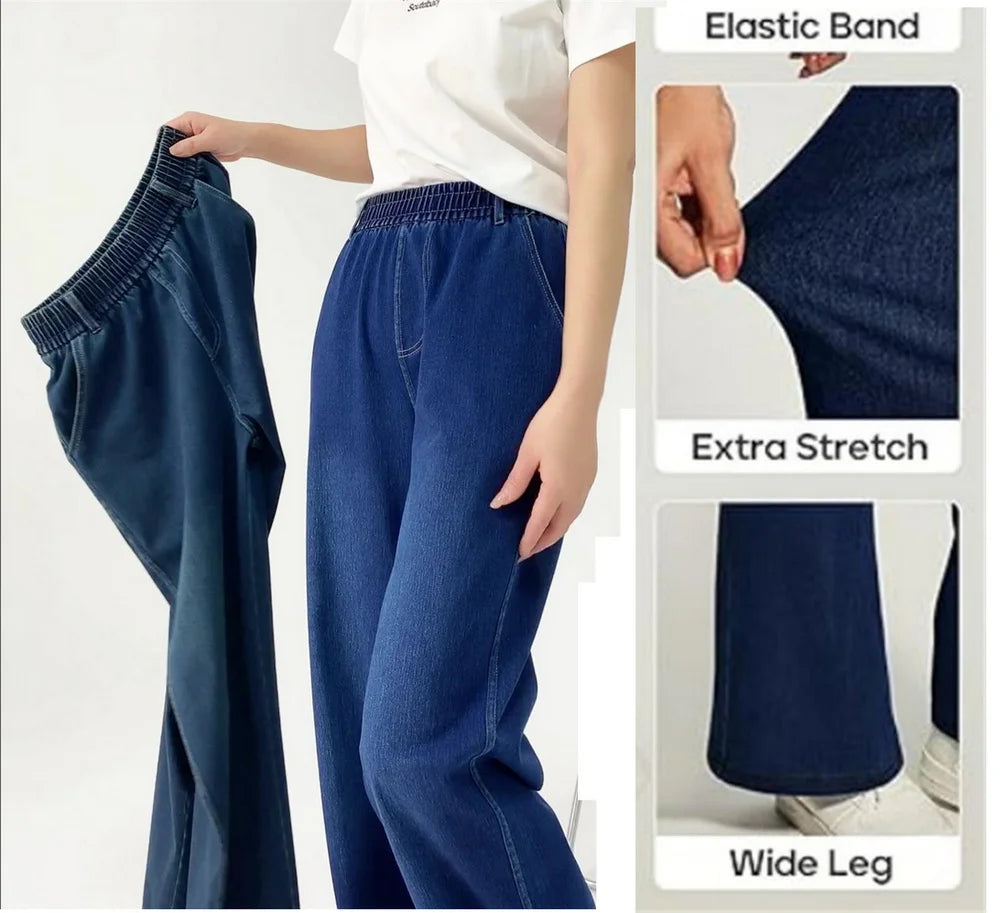 Wide Leg Jeans Woman High Waist Pull On Baggy  Stretchy Jean Pants Straight Leg Denim Pants Elastic Waist