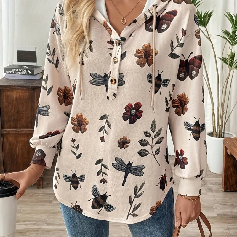 Fashionable Hooded Zipper Printed Sweatshirt Women Long-sleeved Loose Versatile Autumn And Winter Pullover Herbst Damen Kleidung