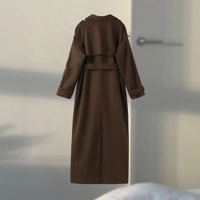 Belts Double Breasted Women's OverCoat Elegant Laple Pocket Full Sleeve Female Coat 2025 Autumn Winter Fashion New Lady Outwears