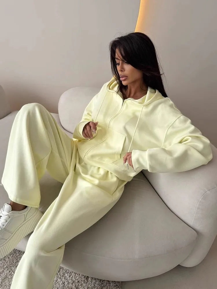 2025 Woman 2 Piece Set Outfit Sports Suit Long-sleeved Zipper Cardigan Hooded Sweatshirt Lace-up Trousers Two-piece Set Trendy