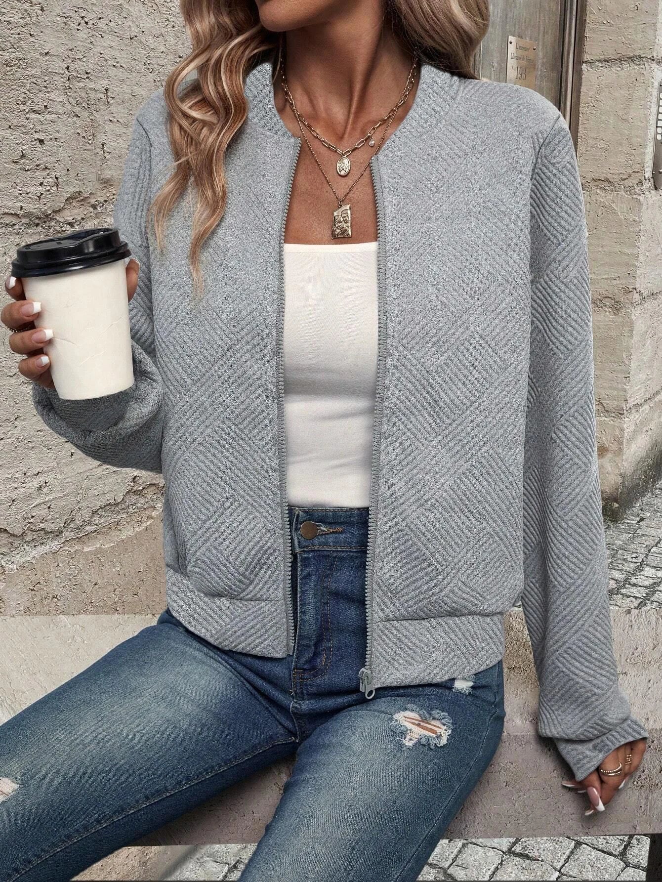 Women's Solid Textured Zip Up Jacket Casual Long Sleeve Mock Neck Outerwear for Spring & Fall  Ladies Clothes for Daily Wear