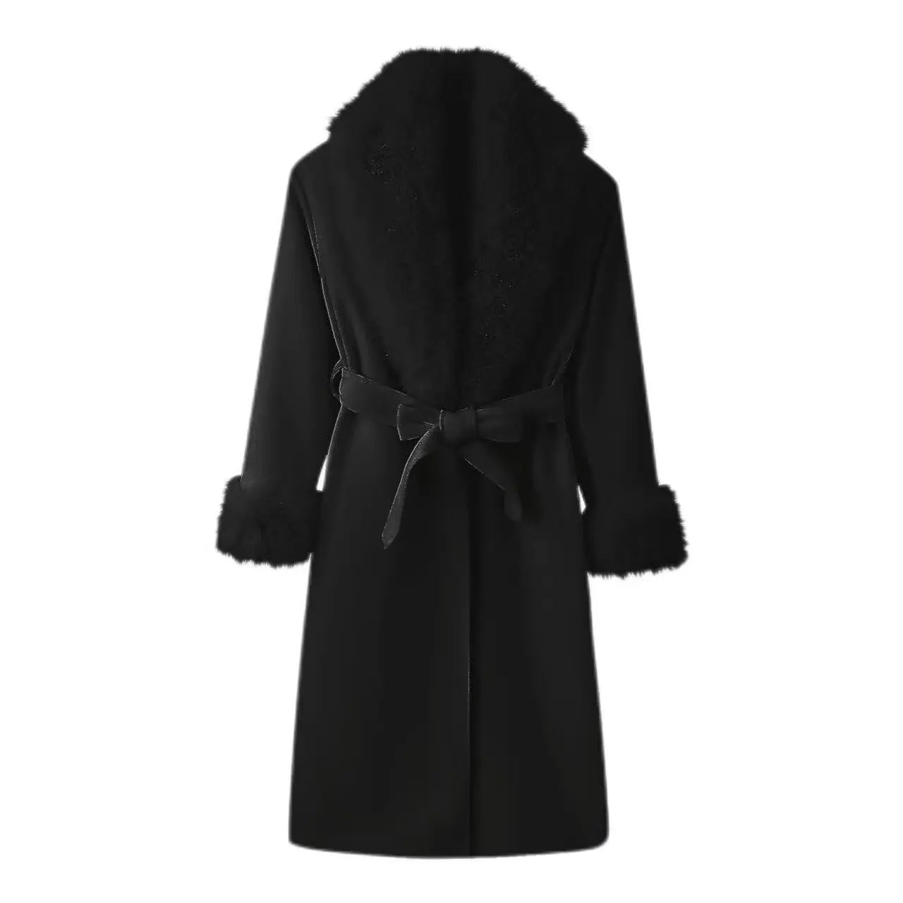HH New Woman Winter Fashion Versatile Faux Fur Effect Lapel Long Sleeves Belt Long Coat Female Casual Commuting Long Overcoat