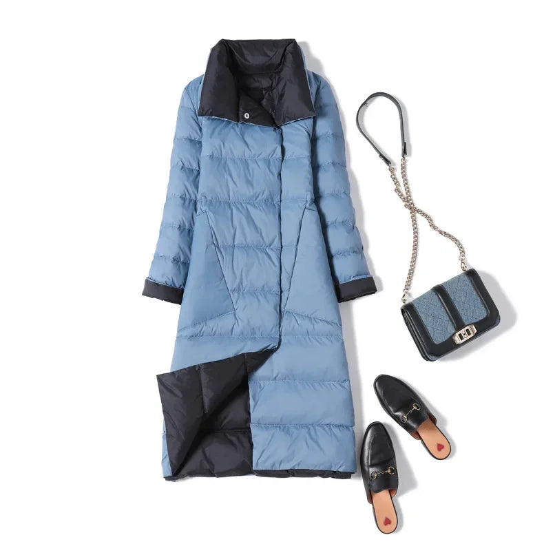 Winter Women White Duck Down Jacket Long Styles Oblique Pocket Lapel Double Sided Coat Female Single Breasted Warm Parka Outwear