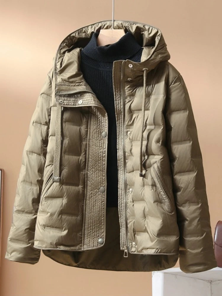 2025 Autumn Winter Women's New Puffer Jacket Short Hooded Thickened White Duck Down Coat Slim Fit Fashion Casual Warm Outerwear