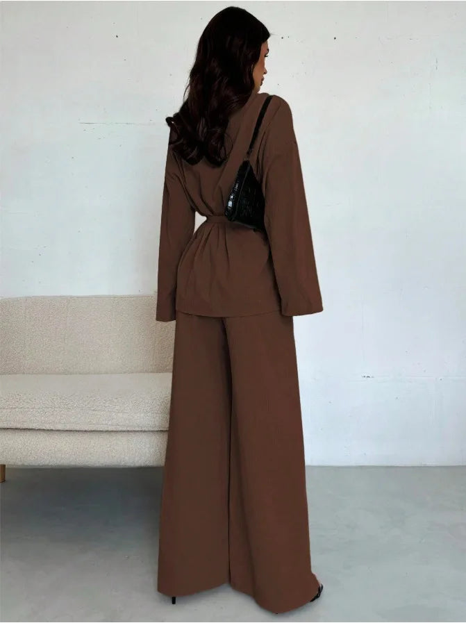 2025 Autumn Winter European American Fashion V-neck Women's Temperament Long-sleeved Elegant Wide-leg Pants Set