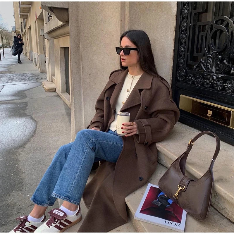 Belts Double Breasted Women's OverCoat Elegant Laple Pocket Full Sleeve Female Coat 2025 Autumn Winter Fashion New Lady Outwears