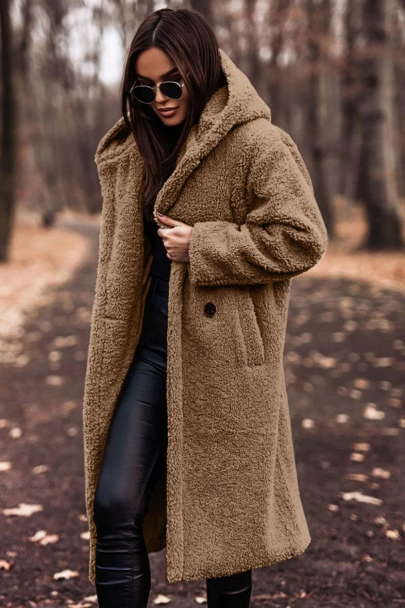 Keep Warm Plush Woolen Coat Women Solid Color Thicken Single Breasted Long Hooded Coats Autumn Winter Female Clothing Streetwear
