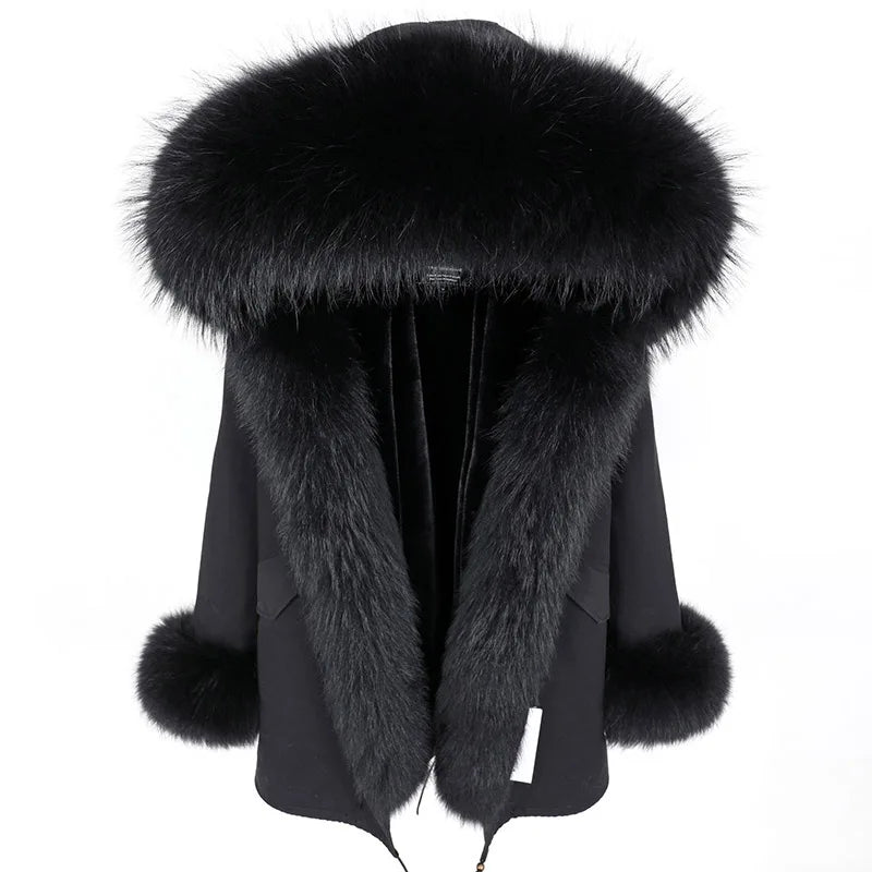 MaoMaoKong Natural Real Fox Fur Jacket Hooded Black Waterproof Woman Winter Warm Coat Parkas Luxury Jacket Female Clothing