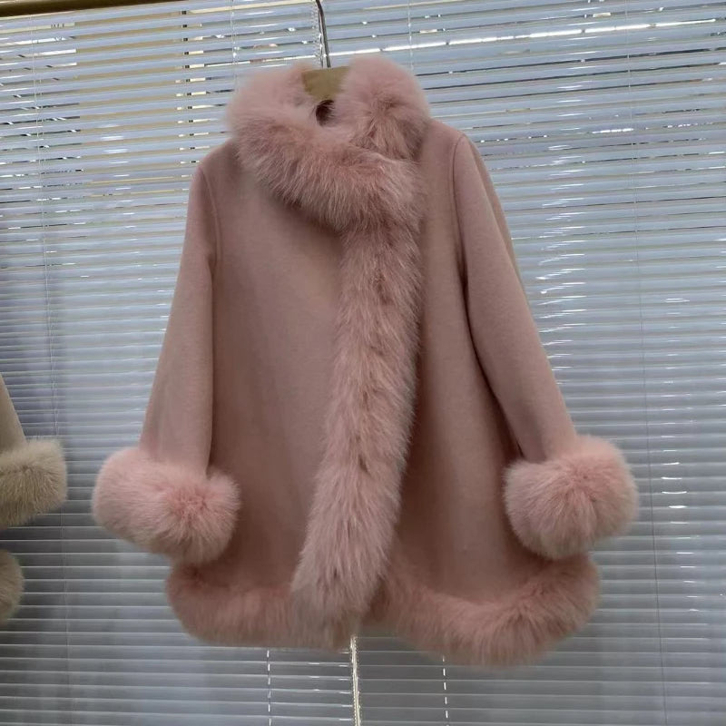 2025 Real Fur Coat Winter Jacket Women Natural Fox Fur Collar Warm Cashmere Wool Woolen Ladies Outerwear Streetwear Fashion