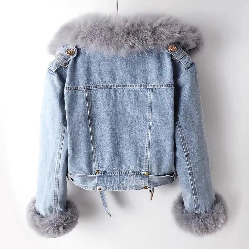 New Winter Denim Jacket Women Fashion Overcoat Faux Fox Fur Collar Jean Coat Female Short Warm Parkas Rabbit Hair Lining Outwear
