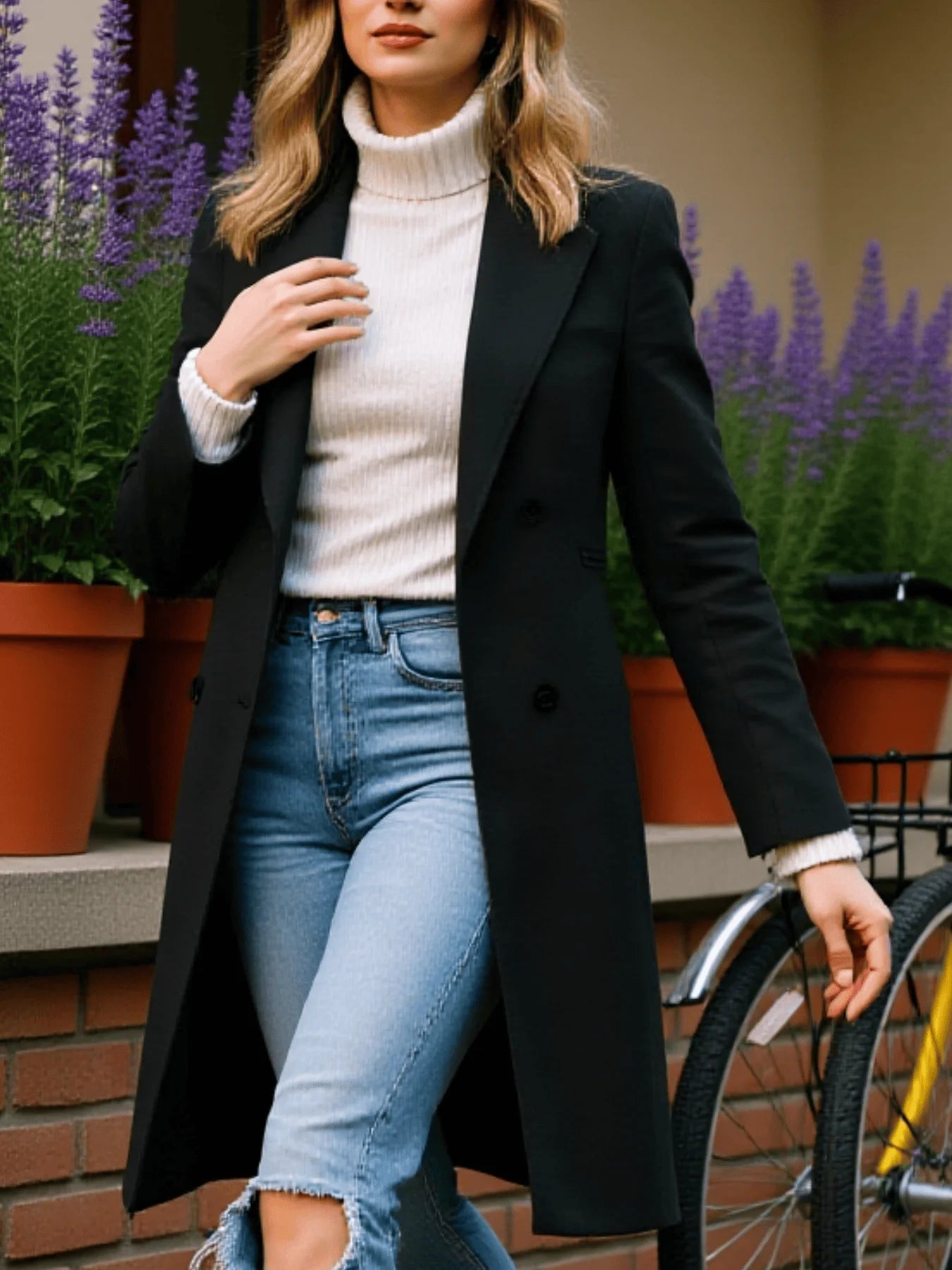 Women's Wool Overcoat Thickened Warm Double-Breasted Wool Coat for Autumn Winter, Button Accented Winter Wool Overcoat