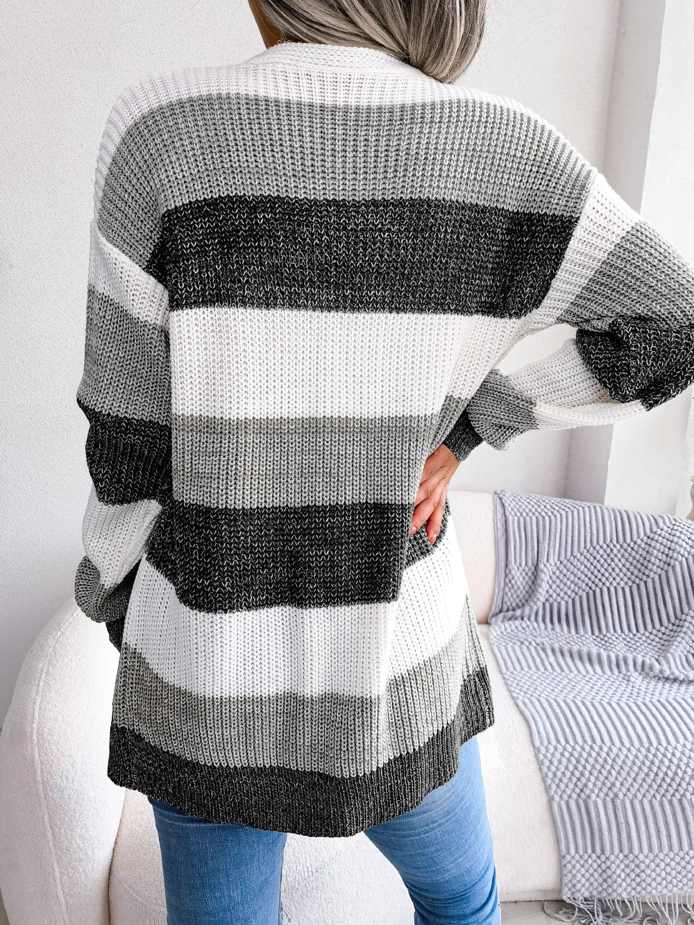 Women Casual Long Sleeve Color Block Striped Knitted Sweater Cardigan for Autumn Winter 2026