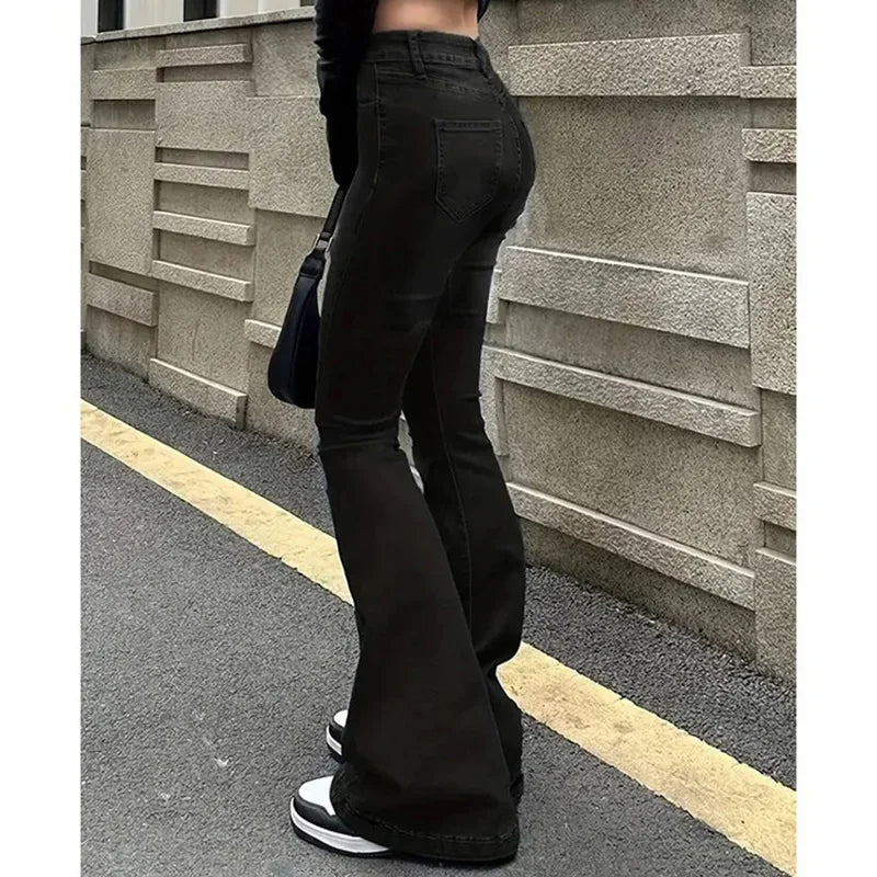 2025 Girls Concise Ins High Waist Flared Jeans Female Stretchy Bootcut Denim Pants Women Solid Color Thin Bell Bottoms Trousers