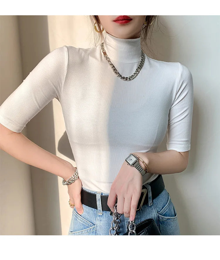 Basic  T Shirt Women Turtleneck Slim Tshirt Short Sleeve T-shirts Female Casual Elasticity White Tee Shirt Femme Woman Top