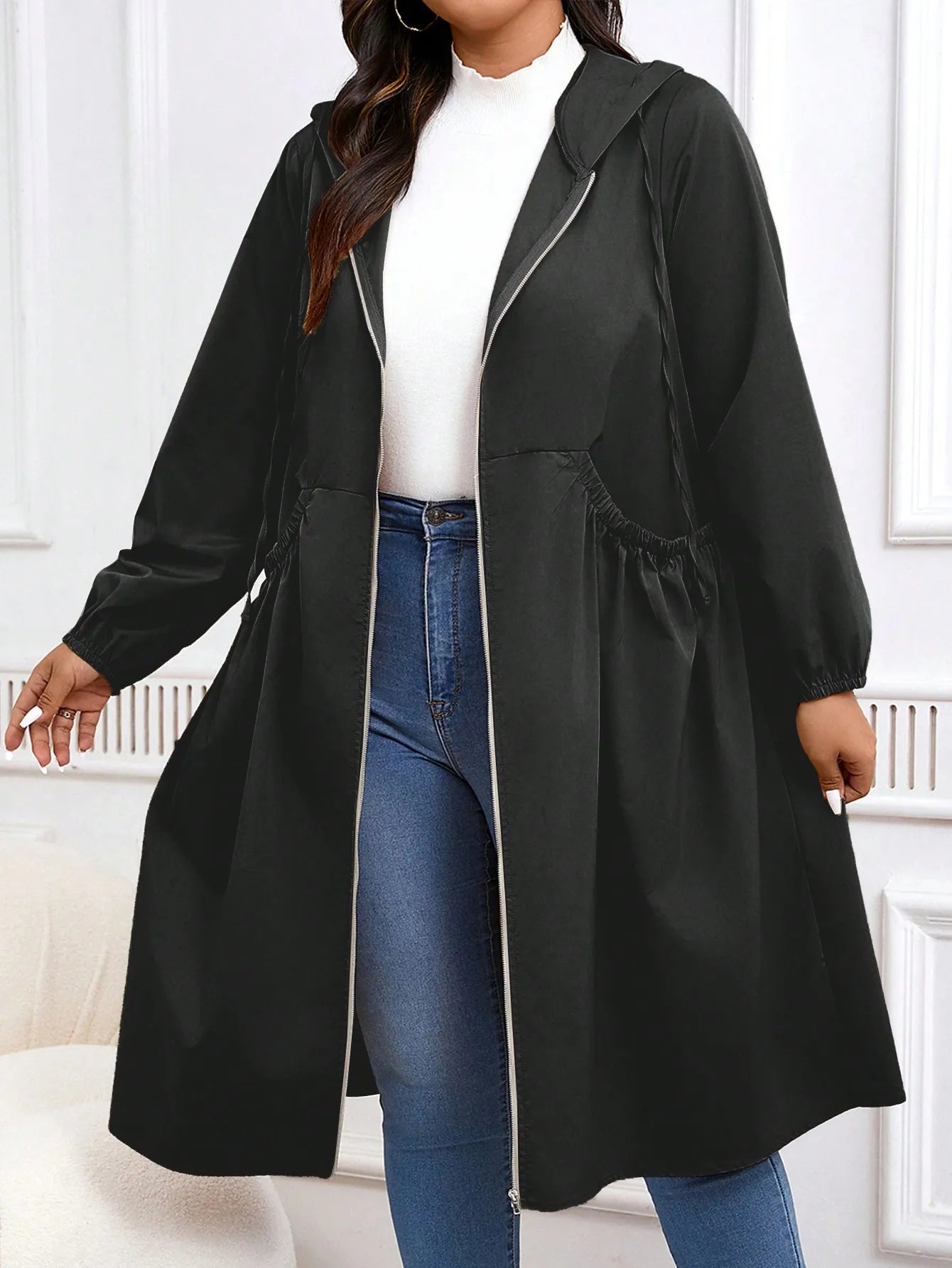 Plus Size Solid Drawstring Zip Up Hooded Coat, Casual Long Sleeve Pocket Outerwear for Fall & Winter, Women's Clothes for Daily
