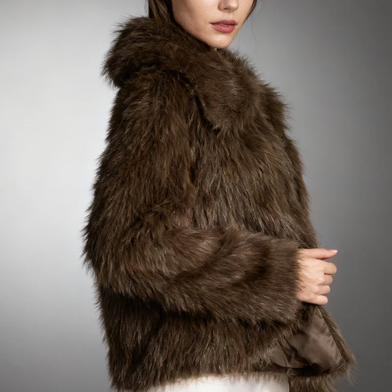 Fashion Vintge Women's Faux Fur Coat Turn-Down Collar Classic Overcoats Basic Fluffy Fox Jackets Lady Elegant Overcoats