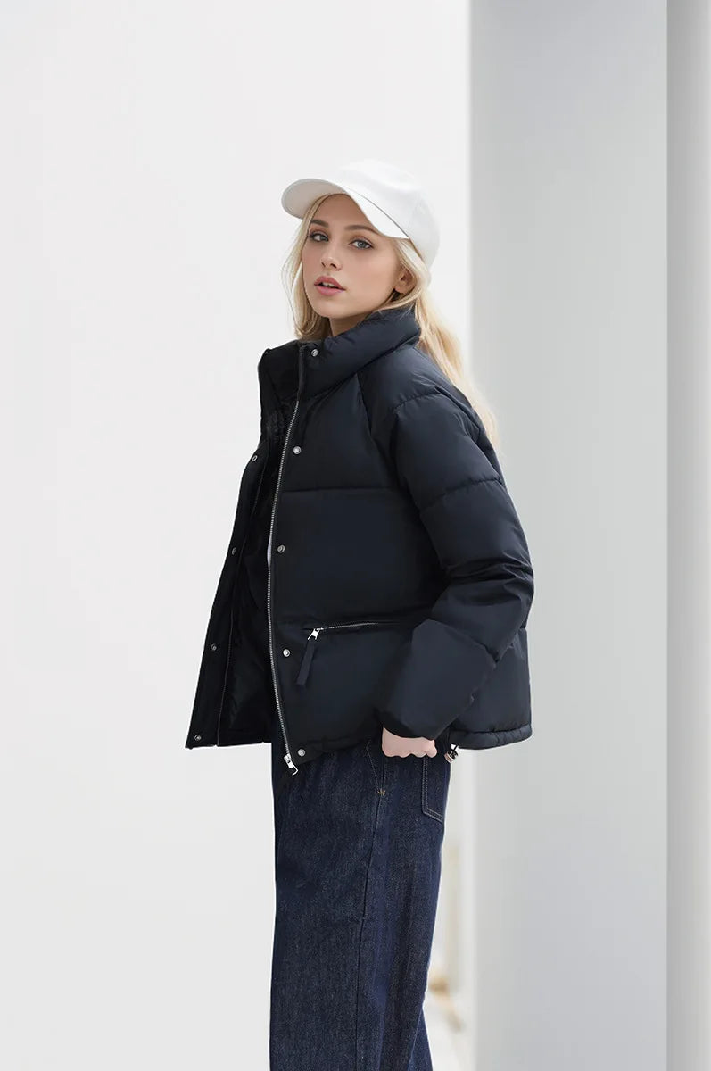 Women's Winter Puffer Coat Stand Collar Zipper Fly Pockets Loose Fit Quilted Coat For Female Thickened Lady's Thermal Coat