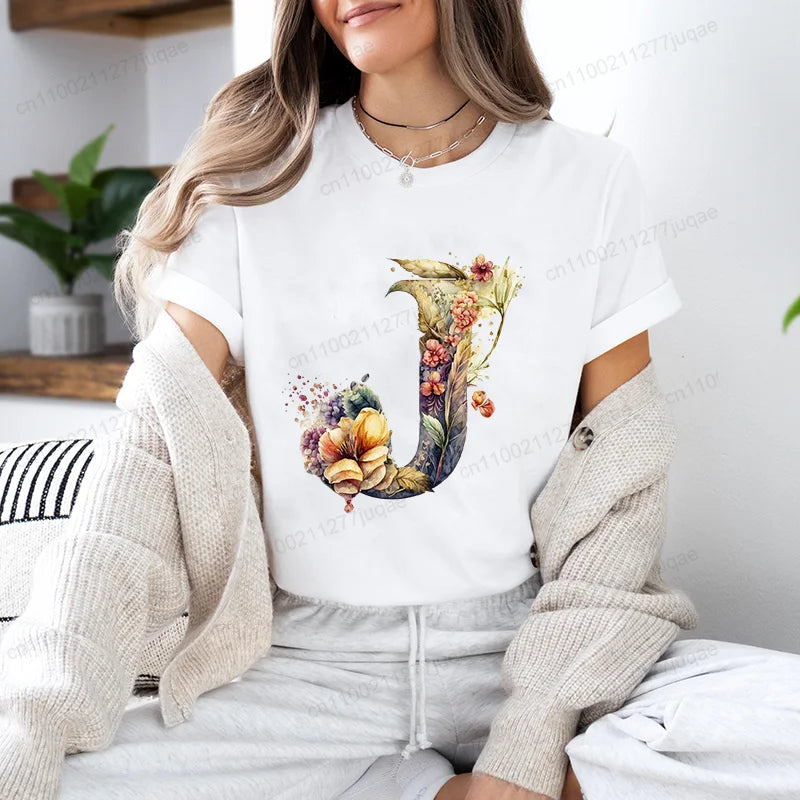Women's T-Shirt Leisure Fashion Short Sleeve Tees Watercolor Botanical Flower Letter A~Z Print T-shirt Summer Streetwear Y2k Top