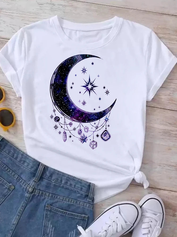 Women Moon Planet Print Fashion Tee Shirts Casual Round Neck Short Sleeve Streetwear Female T-Shirt Vintage Tops