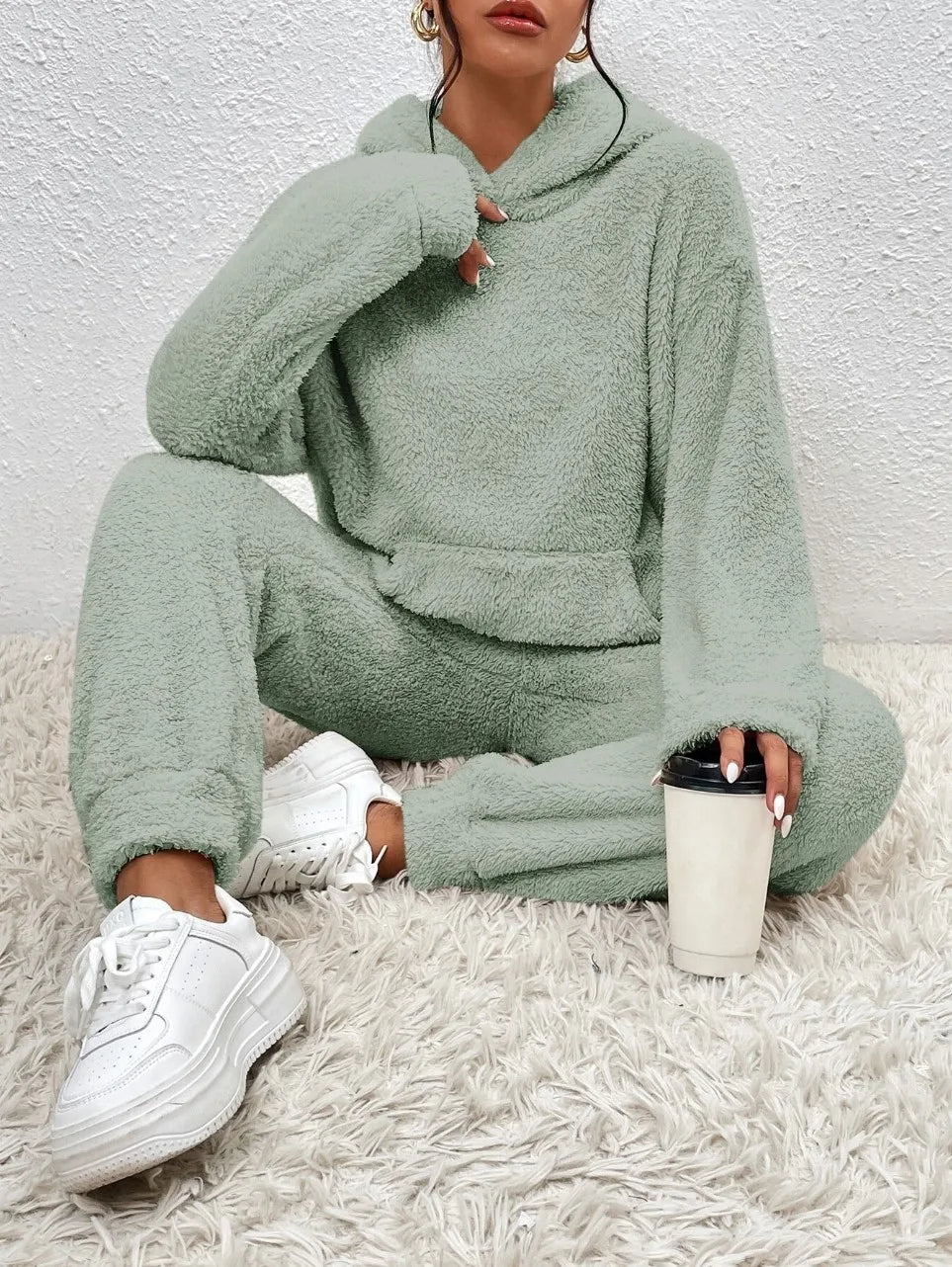 Autumn Winter Plush Hooded Sweatshirt Trousers 2 Piece Set Women's Fashion Pocket Warm Casual Home Clothing Hoodie Trousers Suit